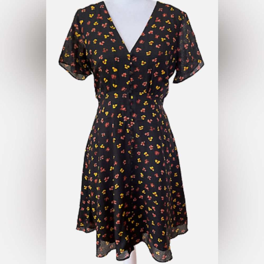 Madewell SILK button front swing dress - black floral - size 2